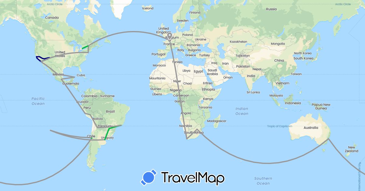 TravelMap itinerary: driving, bus, plane in Argentina, Australia, Brazil, Canada, Chile, France, Mexico, Peru, United States, South Africa (Africa, Europe, North America, Oceania, South America)